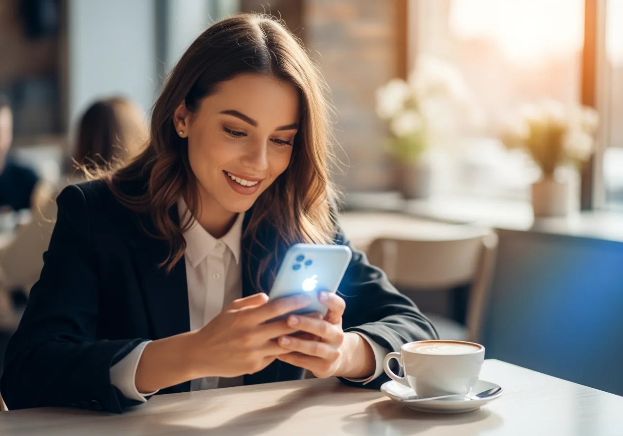 A creator in a cafe checking her Sayzio analytics on her phone