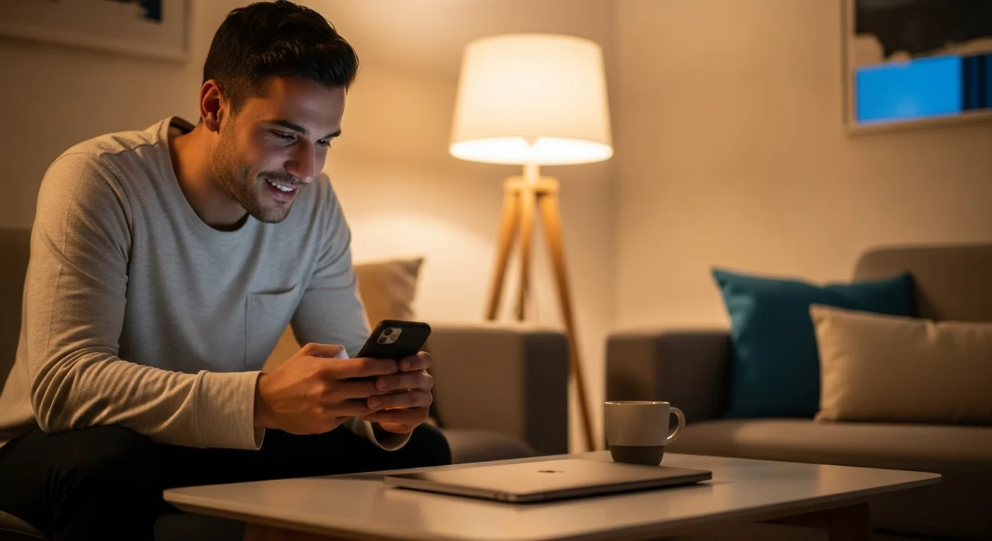 A man on a couch in the evening replying to his audience from his phone
