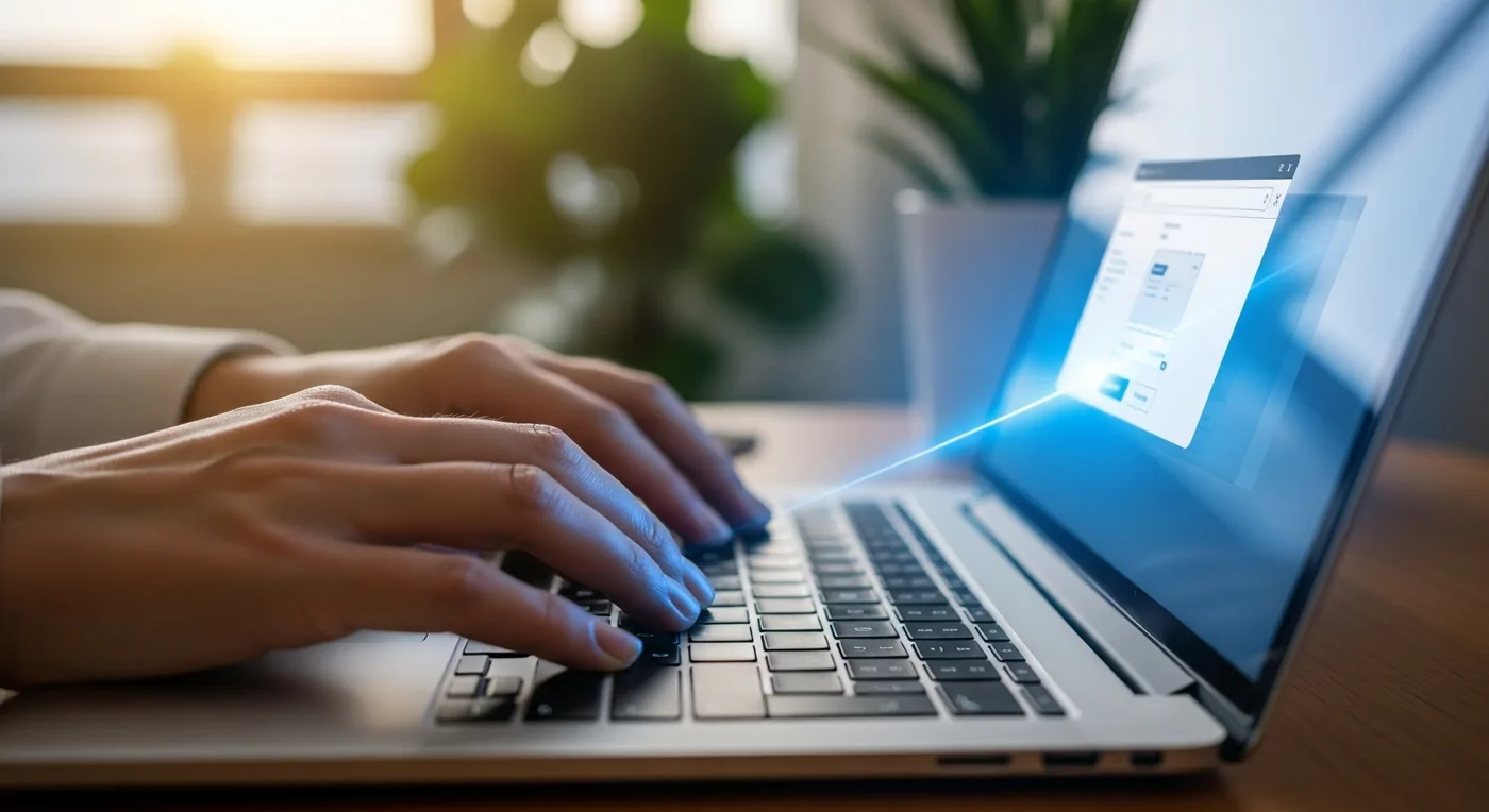 Hands at a laptop with the extension popup open on the current page